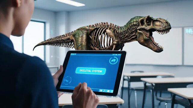 Students engage in a thrilling science lesson as they explore dinosaurs using augmented reality. They interact with a life-like T. rex while learning.
