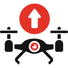 Drone With Camera And Upward Arrow Icon Representing Lift Off And Flight In Red And Black Colors