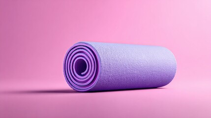 Rolled yoga mat on a pink background, ready for a workout session