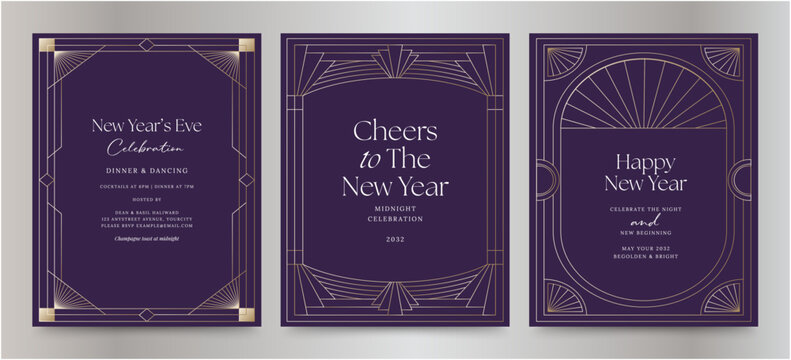 New Years Eve Invitation Invite Flyer Layout with Vintage Art Deco Border & Frames Vector for Gatsby Inspired Retro Background & New Years Poster Flier Template