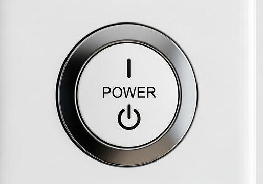 White power button with metallic chrome rim, displaying 'power' text and universal on/off symbol, for device control.