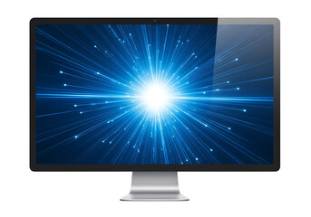 Modern computer monitor displaying a vibrant blue digital light explosion, representing data flow, connection, and technology