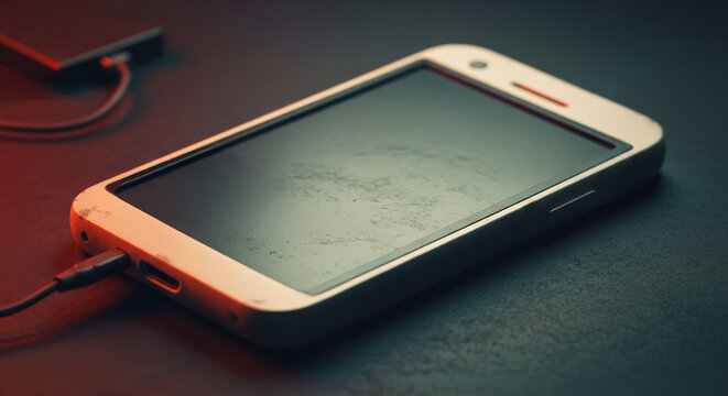 A modern smartphone rests on a dark surface, connected to a charger, its screen displaying a blank, ready-to-use interface. The image evokes a sense of technology.
