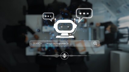 A digital workspace featuring a chatbot icon and voice search interface, illustrating the integration of technology in team discussions and modern communication methods. Raster