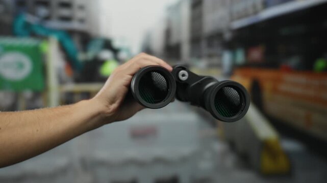 Man holding binoculars on a busy construction site street, showcasing a tool-focused scene with urban outdoor activity and a male presence in a vibrant work environment.