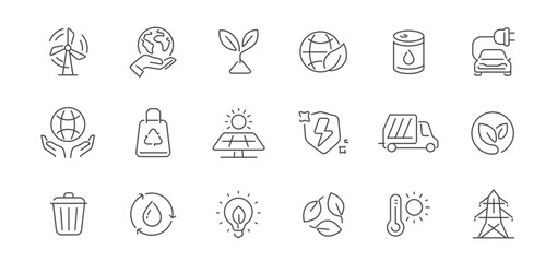Ecology icons set. Renewable energy, green technology, recycling and eco-friendly solutions. Environment line symbols
