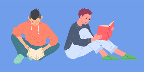 Cartoon Color Characters People Readers with Books Sitting Set Concept Flat Design Style. Vector illustration of Guys Learning