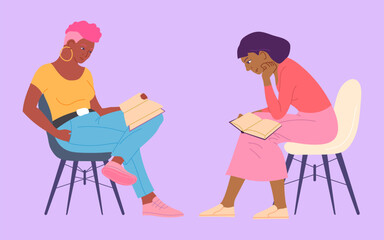 Cartoon Color Characters People Readers with Books Sitting on a Chair Set Concept Flat Design Style. Vector illustration