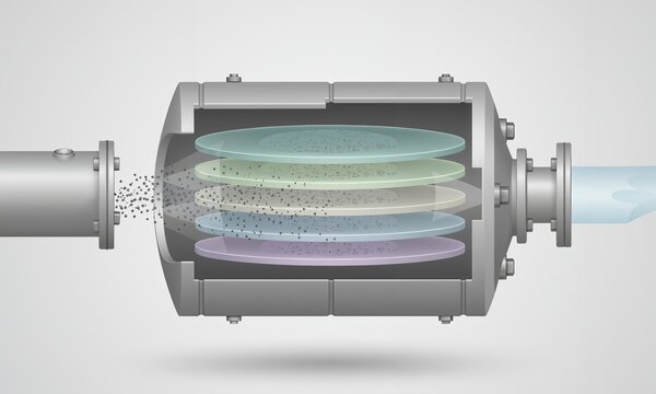 Industrial electrostatic precipitator or particle separator. Cutaway view showing particulate matter being filtered from a gas stream by passing through multiple internal plates.