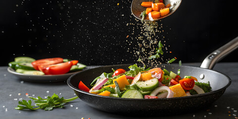 Fresh salad preparation with vegetables and herbs in a pan, carrots falling from a spoon, healthy eating concept, dark background, closeup shot