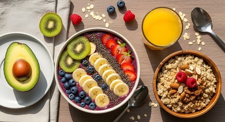 Overhead view of acai bowl oatmeal and orange juice with fresh fruit breakfast healthy food