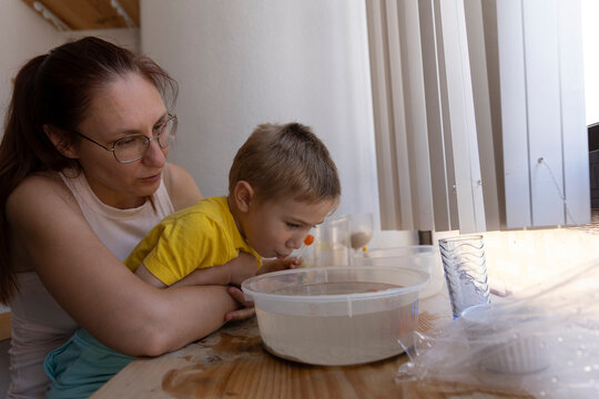 Mother and child playing water sensory game at home