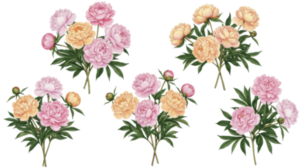 six elegant botanical watercolor illustrations of lush pink and yellow peony bouquets featuring detailed petals and dark foliage, rendered in vintage 19th-century style on a transparent background.