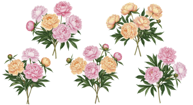 six elegant botanical watercolor illustrations of lush pink and yellow peony bouquets featuring detailed petals and dark foliage, rendered in vintage 19th-century style on a transparent background.