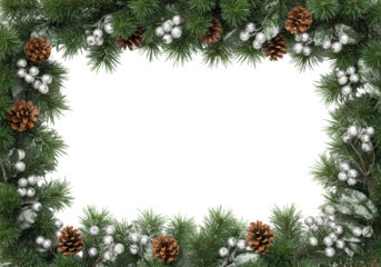 Luxurious l-shaped border of deep green pine branches, metallic silver holly berries, and snowy pinecones on transparent with soft shadows and copy space. Minimal elegance holiday design concept