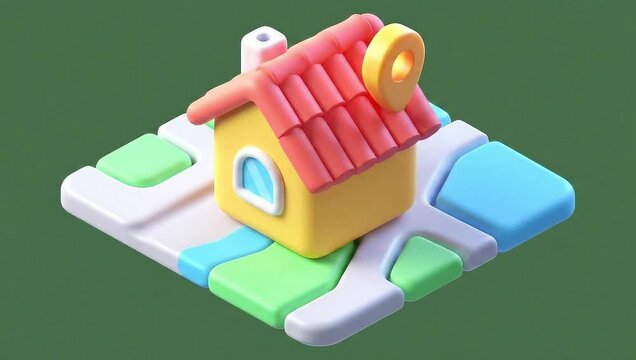 Adorable 3 D cartoon house icon with map pin on colorful abstract isometric map background for