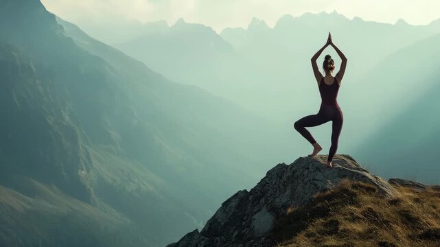 A person performs yoga poses on a rocky outcrop in the Alps as the sun rises, surrounded by majestic mountain views