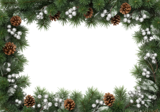 Luxurious l-shaped border of deep green pine branches, metallic silver holly berries, and snowy pinecones on transparent with soft shadows and copy space. Minimal elegance holiday design concept