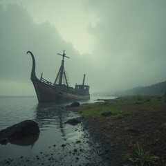 Old boat resting on shore in misty landscape at dawn Generative AI