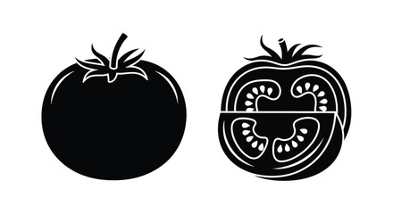 A whole tomato and a sliced tomato illustration in black and white