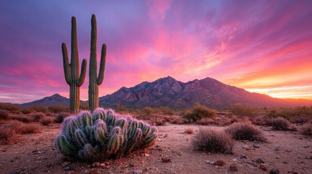 Desert Sunset with Majestic Cactus and Mountain Landscape