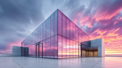 Modern glass building reflecting a vibrant sunset sky