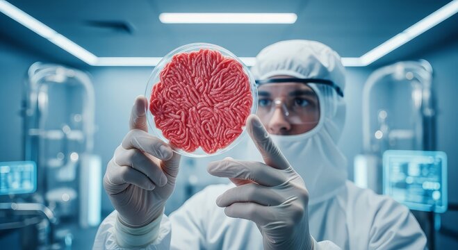 Scientist in hazmat suit holding petri dish with lab grown meat in a sterile laboratory setting - Powered by Adobe