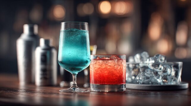 Cocktails on a bar with a blue drink, red drink, and ice.