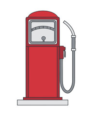 Antique red vintage gas pump with fuel nozzle, hose, and old price sign at a retro service station