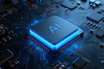 Futuristic AI Microchip with Glowing Blue Light on Advanced Digital Circuit Board Technology System