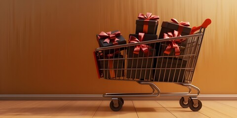 Shopping Cart Full Gift Boxes Black Friday Holiday Copy-Space Left