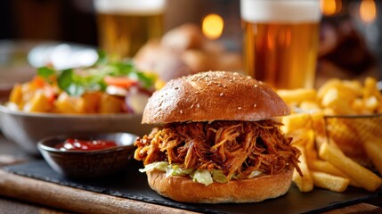 Hearty Pulled Pork Burger, Golden Fries, Ketchup, and Cold Beer in Warm Restaurant Setting.