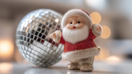Obraz premium groovy christmas. Festive Santa figurine with a sparkling disco ball in the background.