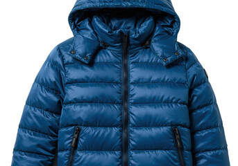Hyperrealistic children's cobalt blue puffer jacket with shiny nylon and horizontal quilting, detailed zippers, isolated on white high-key studio backdrop. Concept for retail fashion marketing