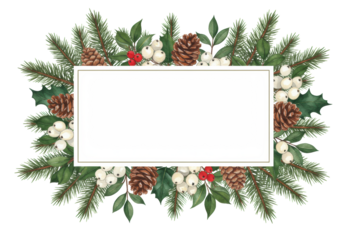 a lush, rectangular watercolor frame of emerald pine, white rose hips, holly, and brown pinecones, centered and isolated on a transparent background with copy space, traditional holiday greeting