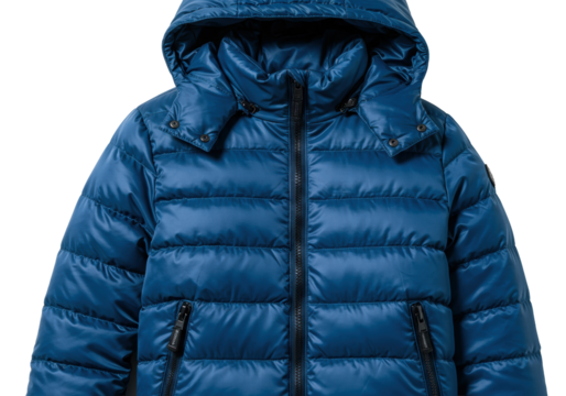 Hyperrealistic children's cobalt blue puffer jacket with shiny nylon and horizontal quilting, detailed zippers, isolated on white high-key studio backdrop. Concept for retail fashion marketing