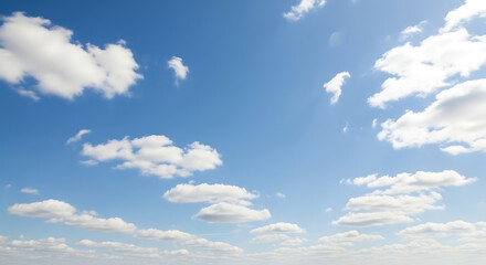 A clear blue sky adorned with fluffy white clouds, capturing the essence of a calm and serene day. Ideal for backgrounds or relaxation-themed projects.