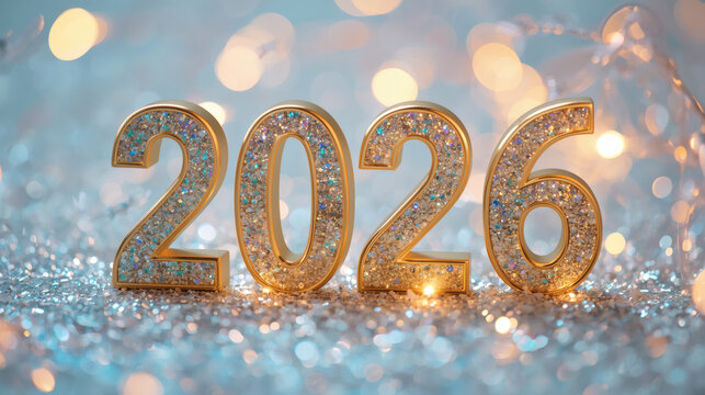 Banner. Shiny gold numbers 2026 and a beautiful bokeh on a blue background. Happy New Year and Christmas.