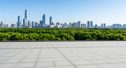 Empty square floor and green forest with city skyline on a sunny day
