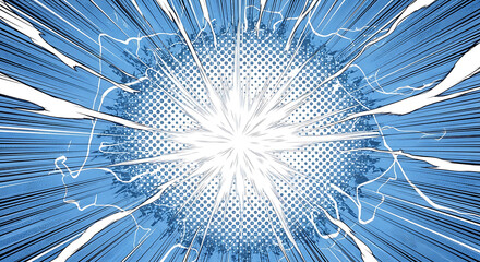 Anime explosion background with radial lines - dynamic starburst with speed motion effect. Blue and white halftone pattern for superhero action in manga comic book style. Stylized decorative bg.