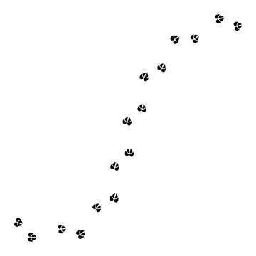 Simple trail of animal hoof prints. This black silhouette graphic shows the curved walking path of an animal with cloven hooves, such as a deer, horse, goat, or pig