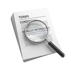 Magnifying glass is on top of a stack of papers that say Terms and Condition. isolated illustration on  transparent background PNG