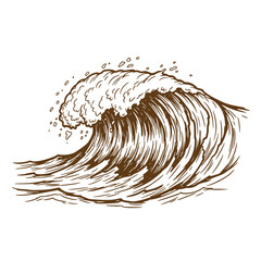 Hand drawn illustration of a large ocean wave with sketched details in a vintage style