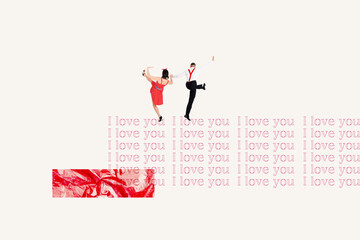 Creative image artwork banner collage of two happy girl guy lady dandy dance together weekend chill occasion valentine day love