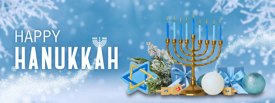 Hanukkah decorations including menorah, dreidels, and gifts