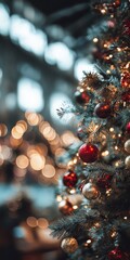 Close-up of a Christmas tree decorated with red and gold ornaments and warm glowing lights.