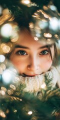 Close-up of a woman looking through Christmas tree branches, surrounded by warm festive lights.