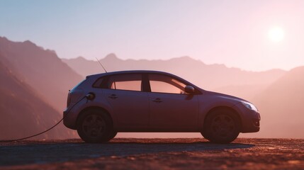 Fototapeta premium A sleek electric vehicle charging against a stunning mountainous backdrop at sunset, embodying the future of sustainable transportation.
