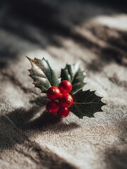 Holly sprig with red berries and green spiked leaves on a textured fabric background.