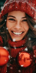 Smiling woman in red winter clothes holding Christmas ornaments in falling snow.